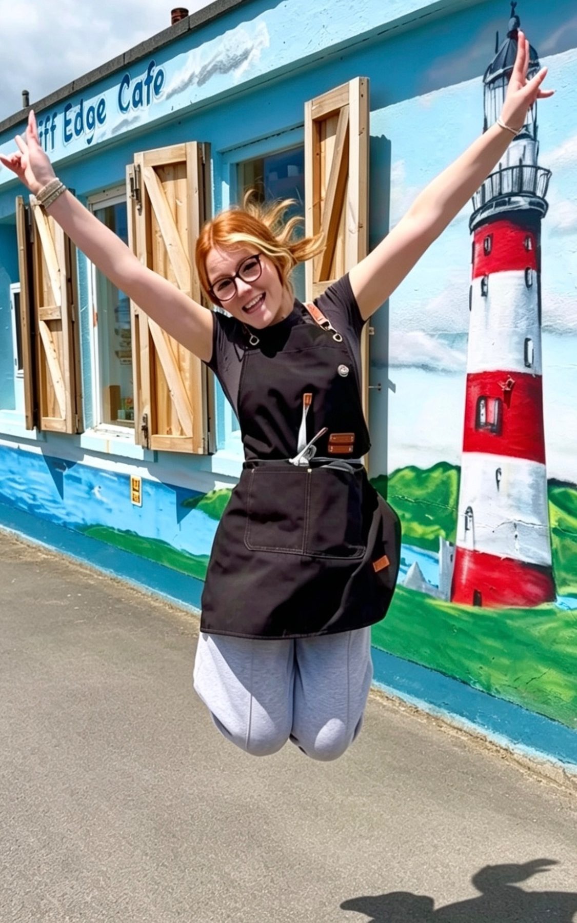 The Cliff Edge Café Ocean is jumping for joy in brilliant sunshine outside the Cliff Edge Café. She has her hands in the air and is smiling at the camera